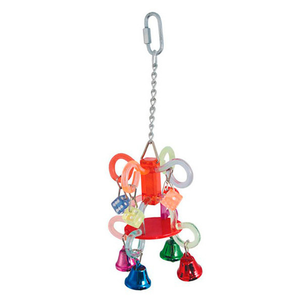 Фото Игрушка для птиц "Подвеска цветная плетёная пластиковая на цепочке с 4 колокольчиками" 13 см (1158SY)
