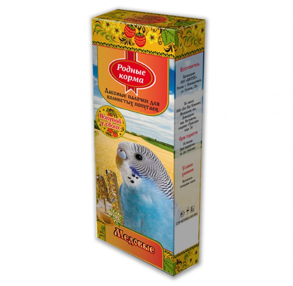 Фото Палочки Родные корма для волнистых попугаев медовые 45г х 2шт 