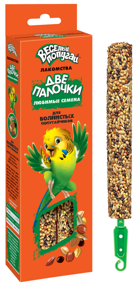 Фото Лакомство "Весёлый попугай" для волнистых попугаев "Две палочки" (любимые семена) 