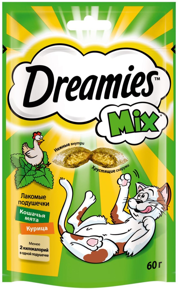 Фото Лакомство Dreamies Mix лакомые подушечки для кошек с курицей и мятой 60 г 