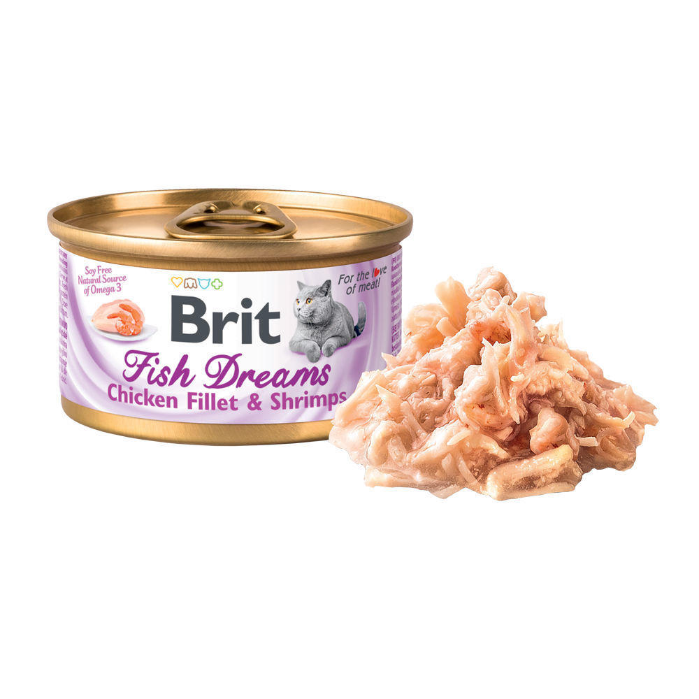 Фото Консервы Brit Fish Dreams Chicken fillet & Shrimps куриное филе и креветки для кошек, 80 г 