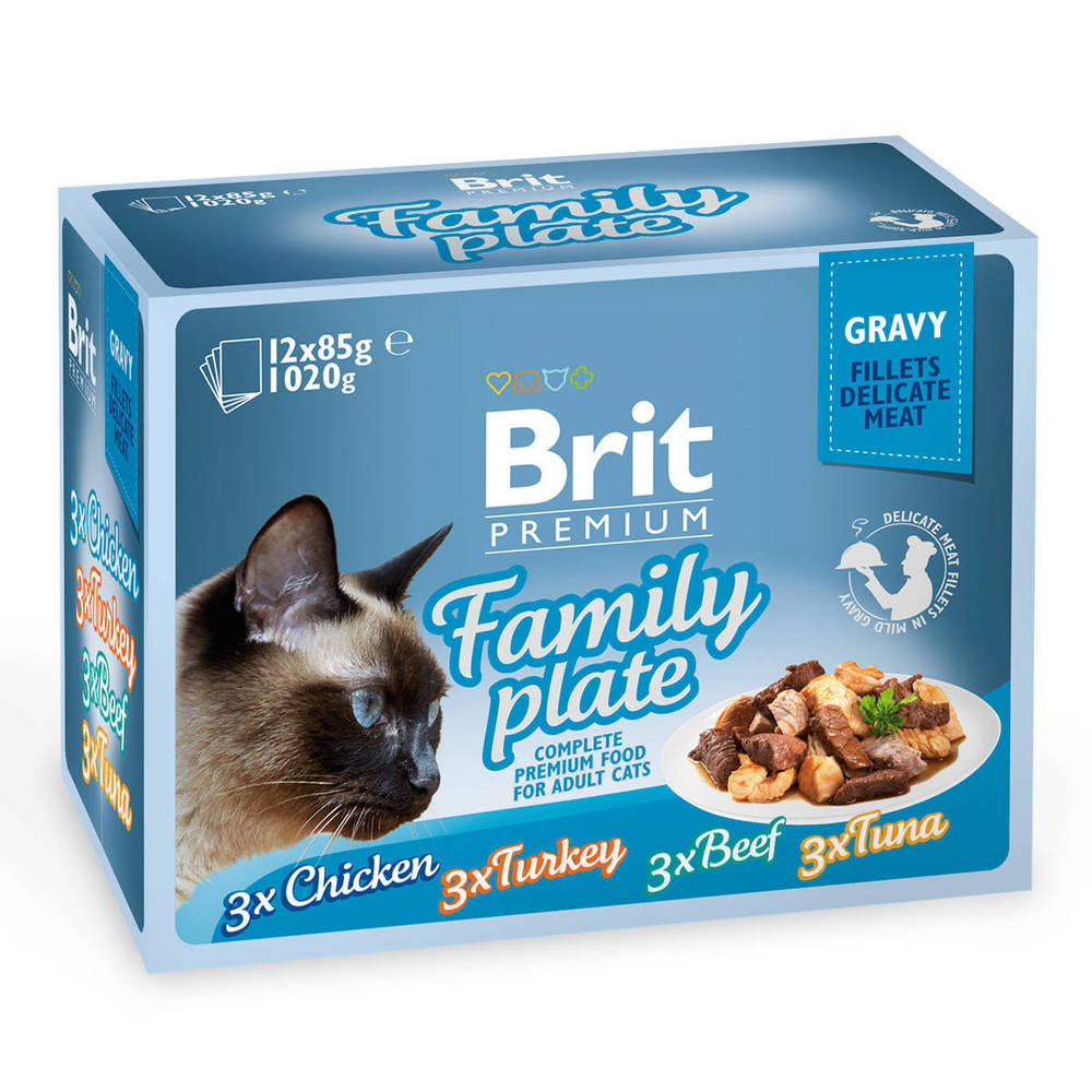 Фото Набор паучей Brit Premium Family Plate Gravy Семейная тарелка (кусочки в соусе) для кошек 12*85 г 
