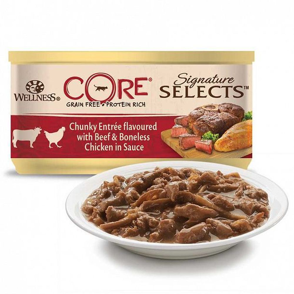 Фото Wellness Core Signature Selects консервы для кошек, кусочки говядины и куриного филе в соусе, 79 г 