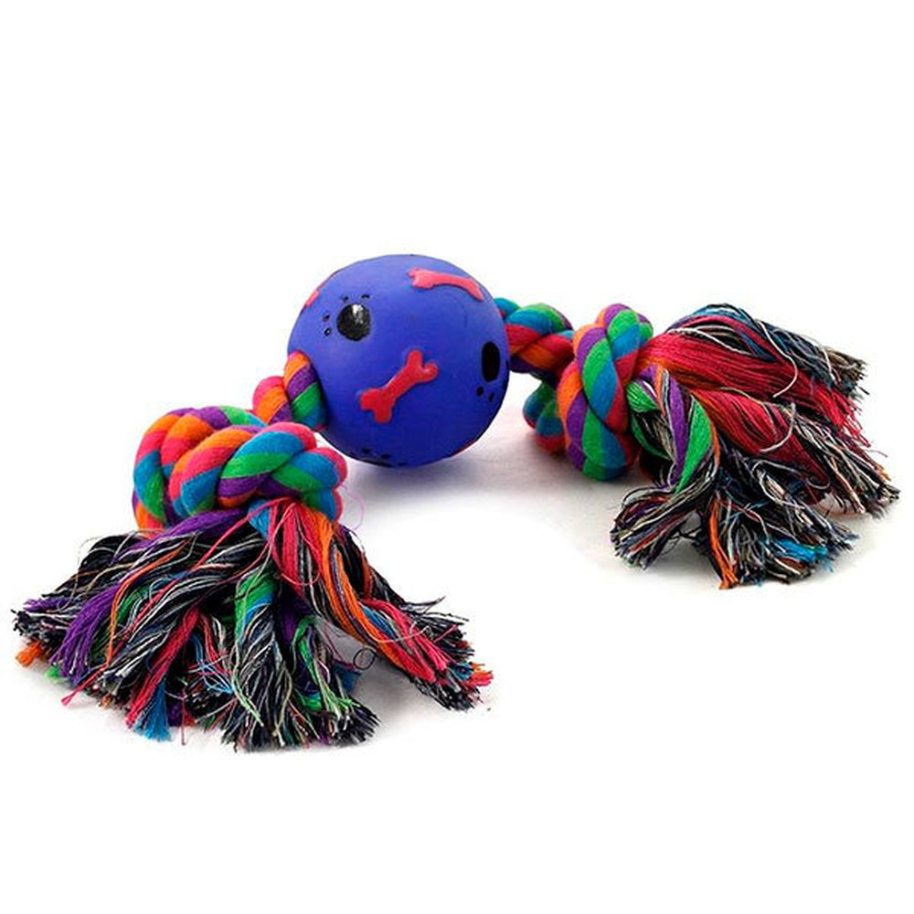 Фото Верёвка цветная 0058XJ "Два узла" с мячом косточки-лапки, 30 см 