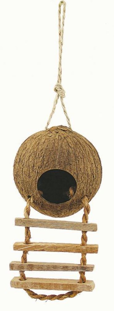Фото Домик для птиц из натурального кокоса с лесенкой с деревянными ступеньками, 10*4,5 см 