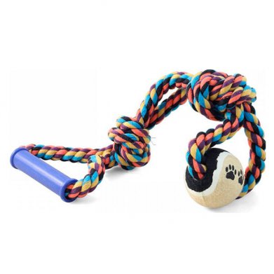 Фото Верёвка цветная 0109XJ с мячом с узлами с резиновой ручкой, 38 см